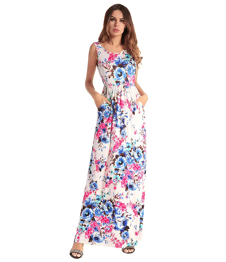 2018Nuovo arrivato Estate Moda donna Stampa Abito O-Collo Fiori Stampa prendisole Casual Maxi Abito lungo sexy Taglia S M L XL 2XL