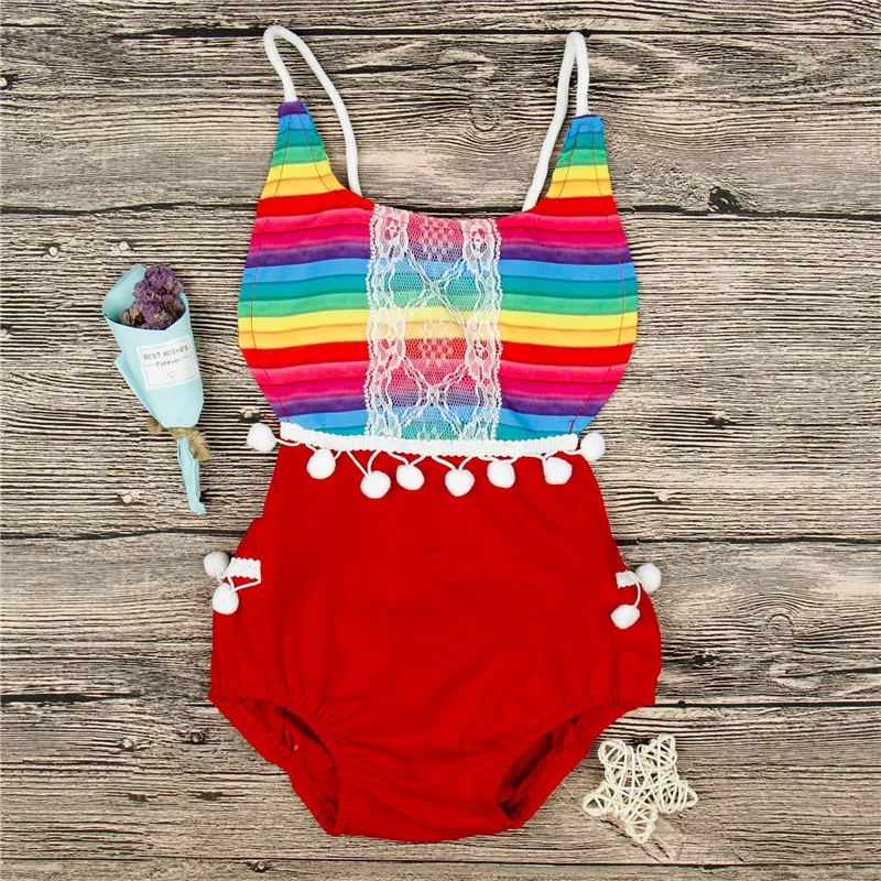 Söt baby flicka rompers 2018 sommar one-piece outfits baby kläder spädbarn toddler tjejer jumpsuit regnbåge randig tofs bodysuit barn kläder