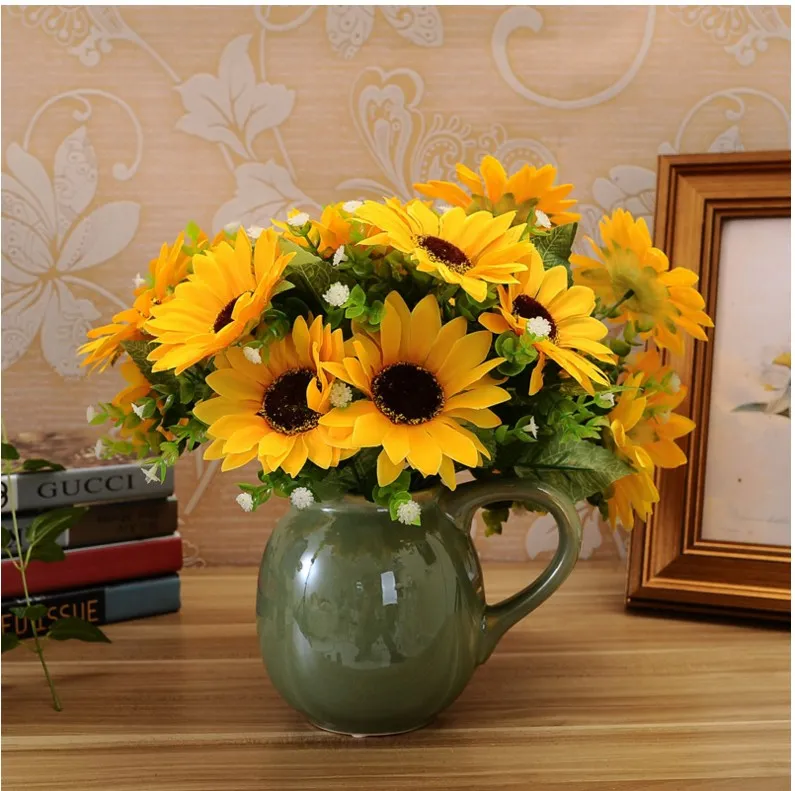 Dulce flor artificial 1 manojo 7 cabezas flor de seda girasoles mesa fiesta decoración hogar decoración ramo JM0065 envío gratis