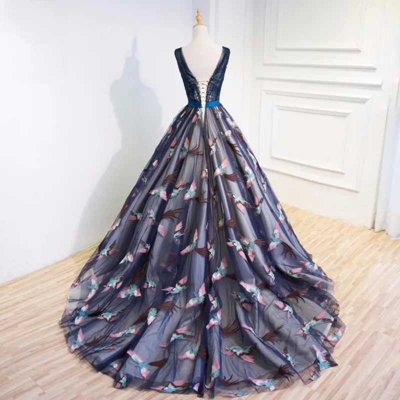 Dhgate Luxury Women Appliques Prom Dresses Birds Navy Blue Ball Gowns Vestido de Noiva High End Women Formal Afton Dress