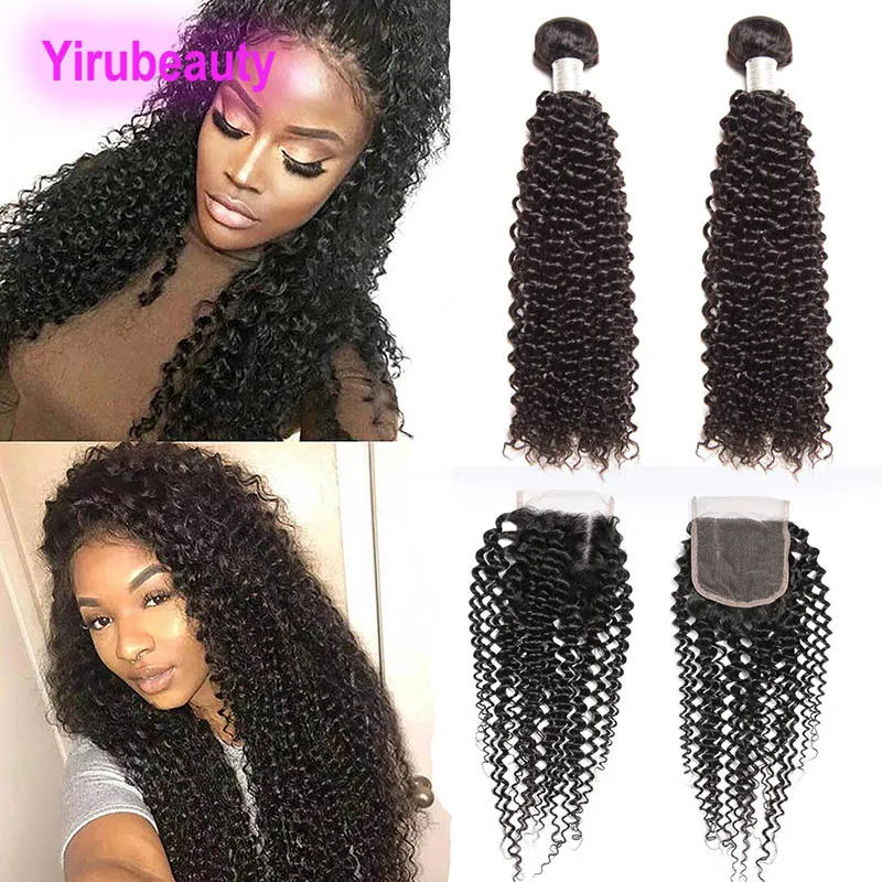 Peruvian Human Hair Afro Kinky Curly Natural Color 2 Bundles With Lace Closure Free Part 4X4 Lace Closure With Bundles