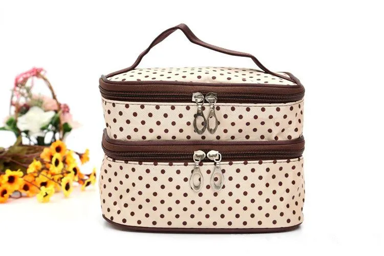 Borsa cosmetici a doppio strato Borsa trucco portatile Borsa il trucco da viaggio alla moda Piccoli puntini ragazza Bella borsa il trucco