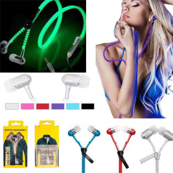 Luminous Glow Light Metal Zipper Earphone Glow In The Dark Zipper Earphone Wired Headphone Headset with retail box for iPhone Samsung LG