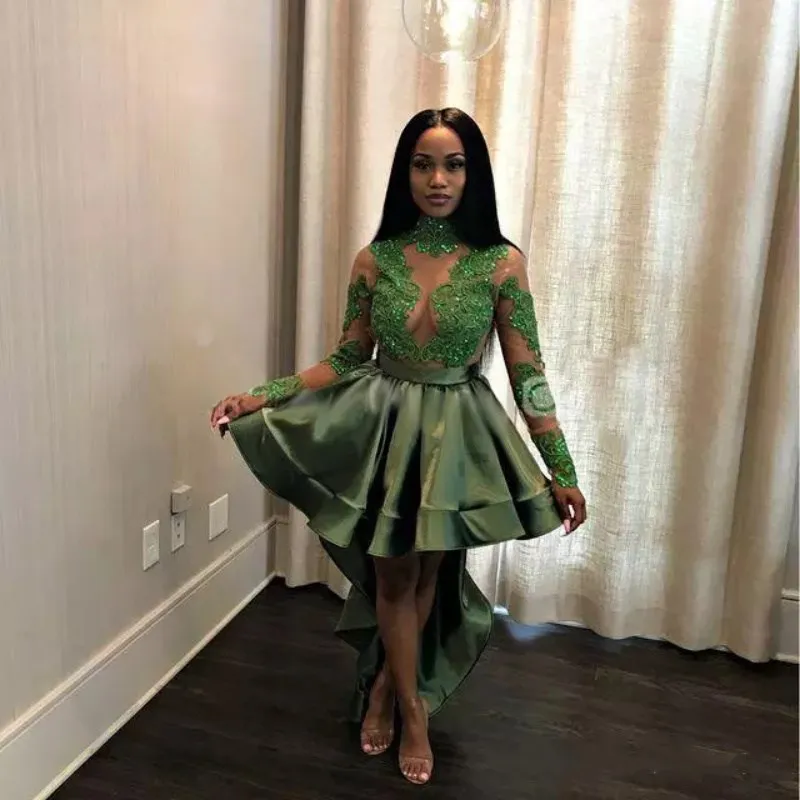 Emerald Green Black Girls High Low Prom Dresses 2018 Sexy See Through Appliques Sequins Sheer Long Sleeves Evening Gowns Cocktail Dress