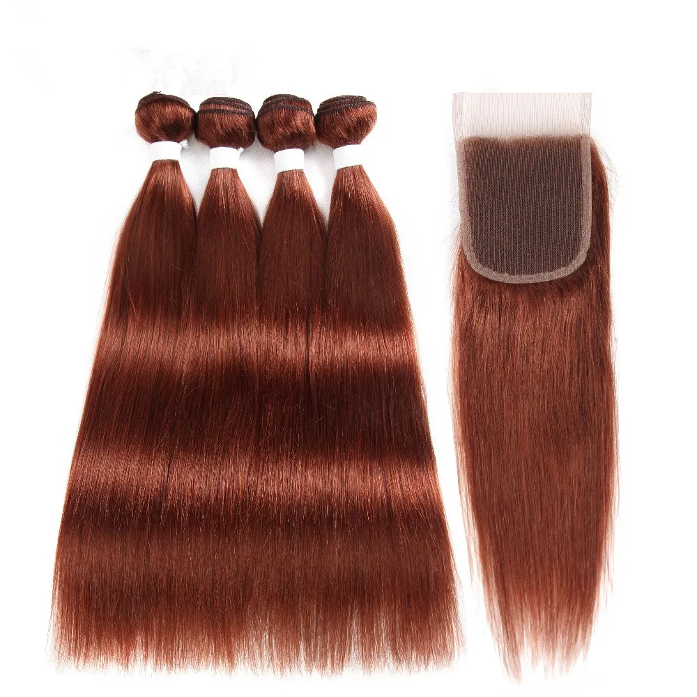 #33 Dark Auburn Virgin Peruvian Human Hair Bundle Deals with 4x4 Lace Closure Straight Colored Auburn Top Quality Weaves Extensions
