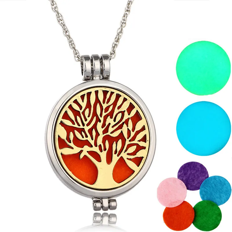 Hot Sale Essential Oil Diffuser Halsband Glöd i det mörka trädet av livet Aromaterapi Locket Hängsmycke Halsband för kvinnor Mode Smycken