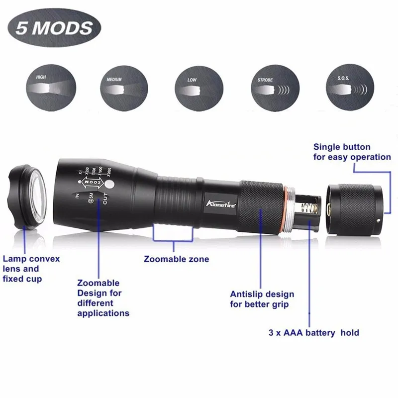 E17 XML T6 flashlights 5000LM Aluminum Waterproof Zoomable LED Flashlight Torch light for 18650 Rechargeable Battery or AAA flash6170383