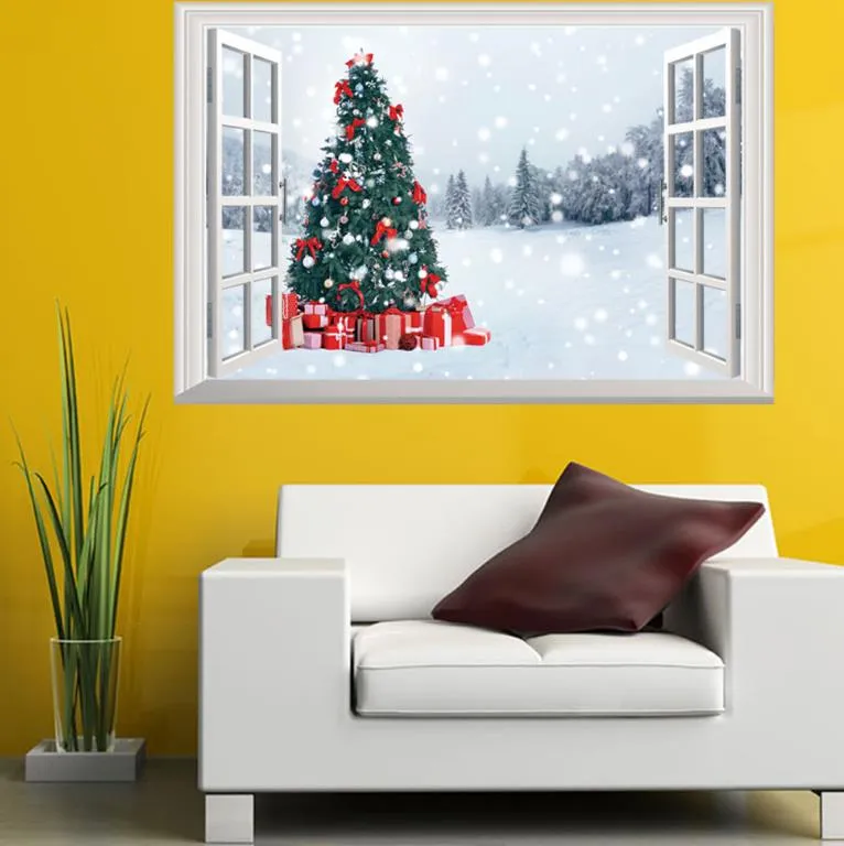 3D foto papel de parede de natal papai noel janelas 3d adesivos de parede personalizado em casa decoração de natal neve adesivos de parede papéis de parede a145