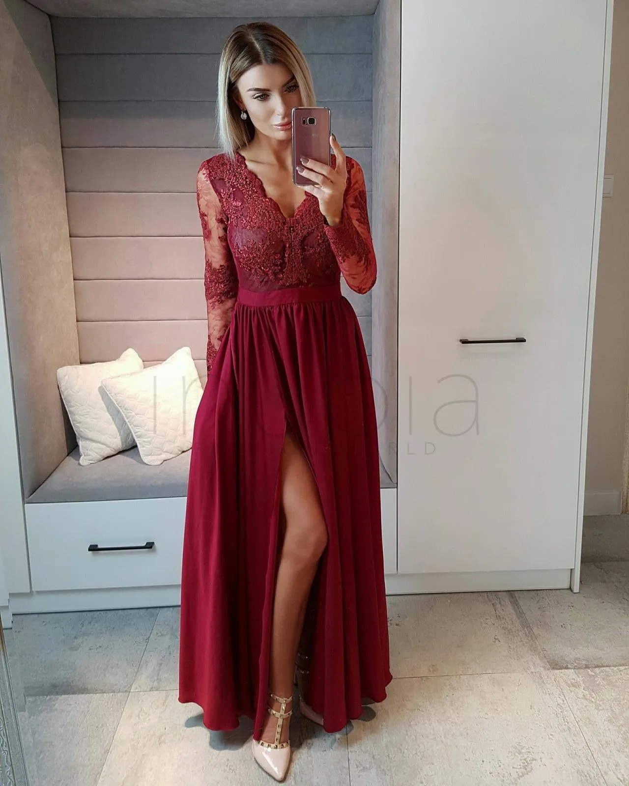 Todo el tiempo Ver a través de pescado Vestido Largo De Mangas De Borgoña 2018 Vestido De Fiesta Formal Sexy  Encaje De Apliques Con Cuello En V De Gasa Dividida Vestidos De Baile  Largos Baratos De 89,43 € | DHgate