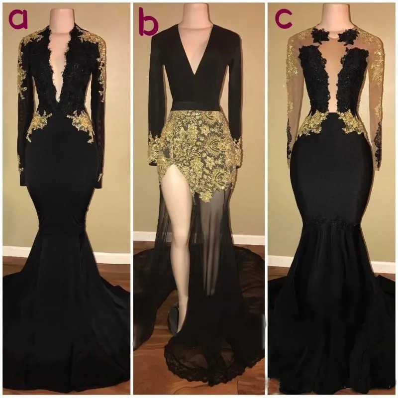 Black Prom Dresses Black and Gold Long Sleeve Formal Party Dress Mermaid aftonklänningar riktiga foton