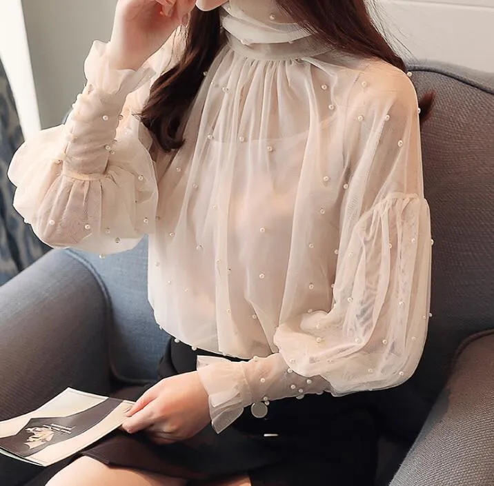 Spring Women's Lace Blouse Long Sleeve Beaded Elegant Transparent Tops Lady's Casual Shirt Blouses Gray Apricot C3246213P