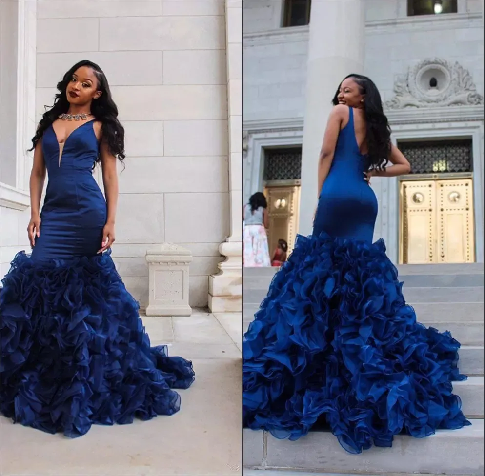 Royal Blue Mermaid Long Prom Dresses V Neck Satin Backless Sweep Train Formal Evening Party Gowns with Layed Ruffle