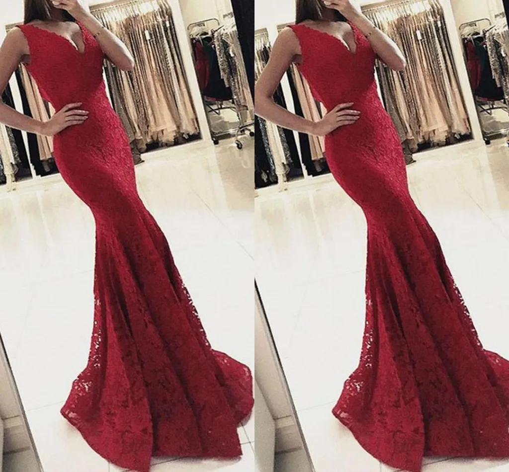 2019 vendita calda sirena prom dresses manica lunga con scollo av in rilievo pizzo in rilievo backless abiti da sera elegante abito formale di alta qualità