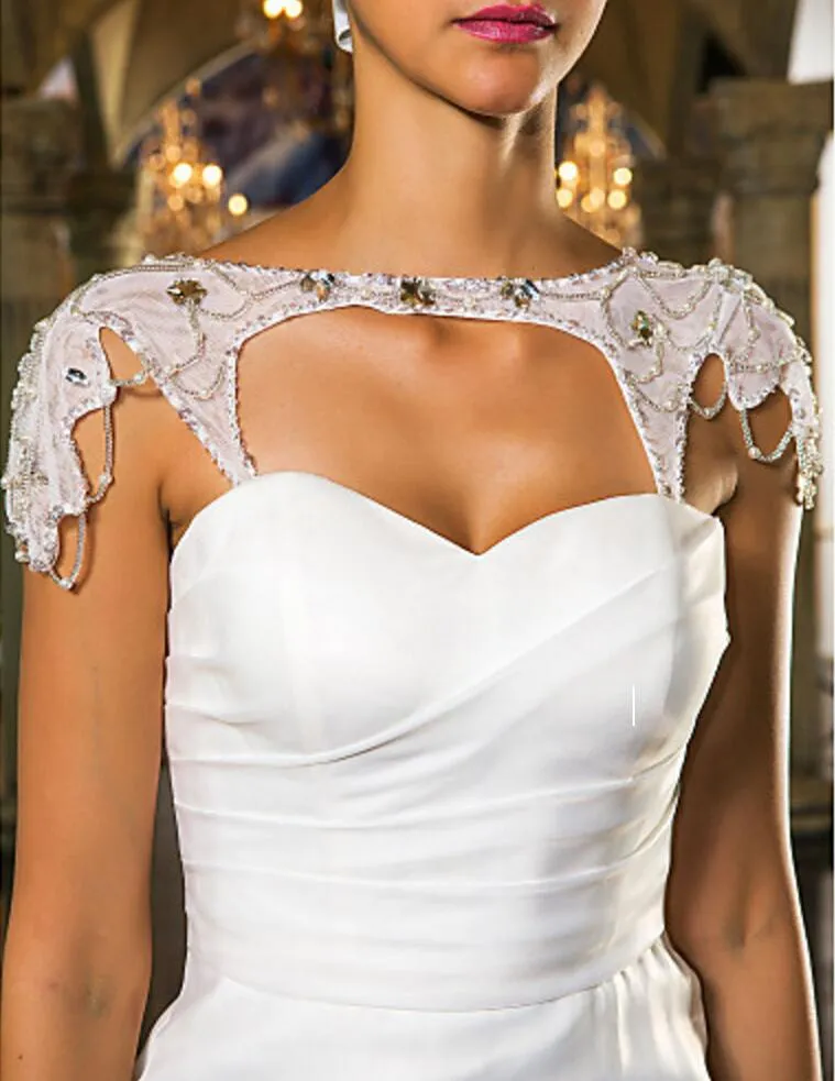 Robes de mariée sirène sexy en organza chérie train de balayage avec perles de cristal volant en cascade broche florale en cristal avec enveloppe détachable