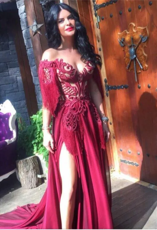 イブニングドレスYousef aljasmi Kim Kardashian V-Neck Tassels Mermaid Split Long Dress Almoda Gianninaazar Zuhlair Murad