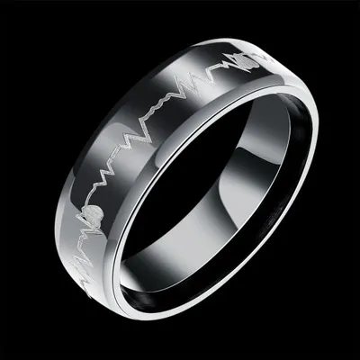 Fashion New Creative Electrocardiogram Stainless Steel Ring, Black Tungsten Carbide Engagement Ring, Men's Titanium Steel Jewelry