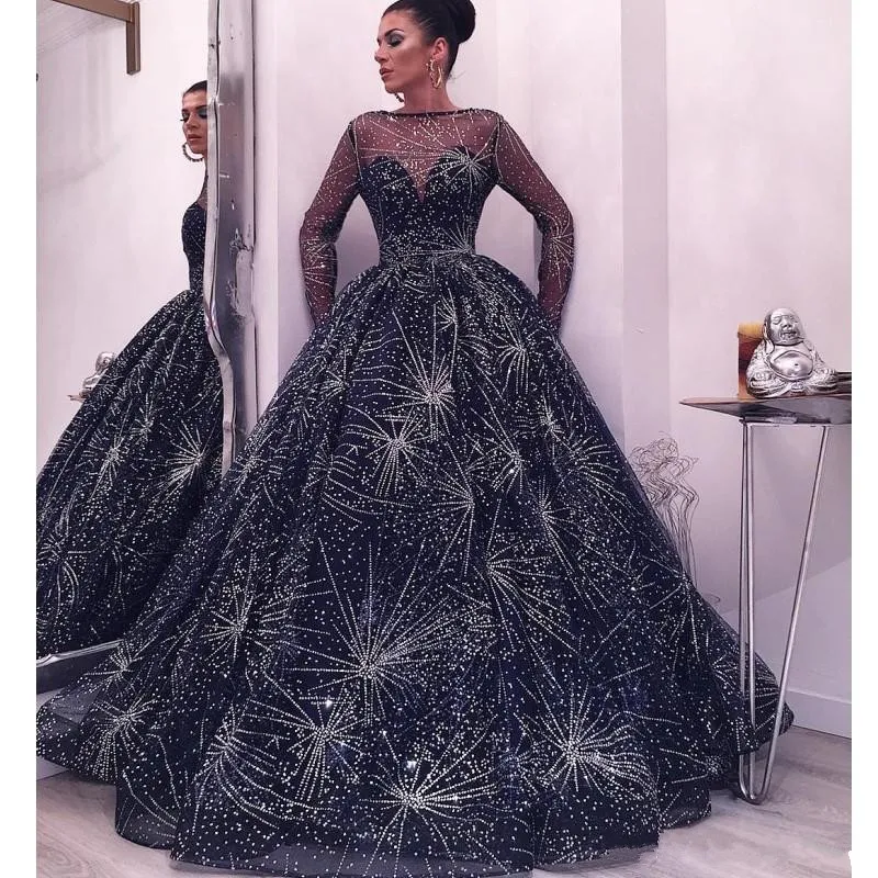 starry formal dress Starry Night Glitter Tulle Ball Gown – Navy Sparkle Evening Dress main image 1