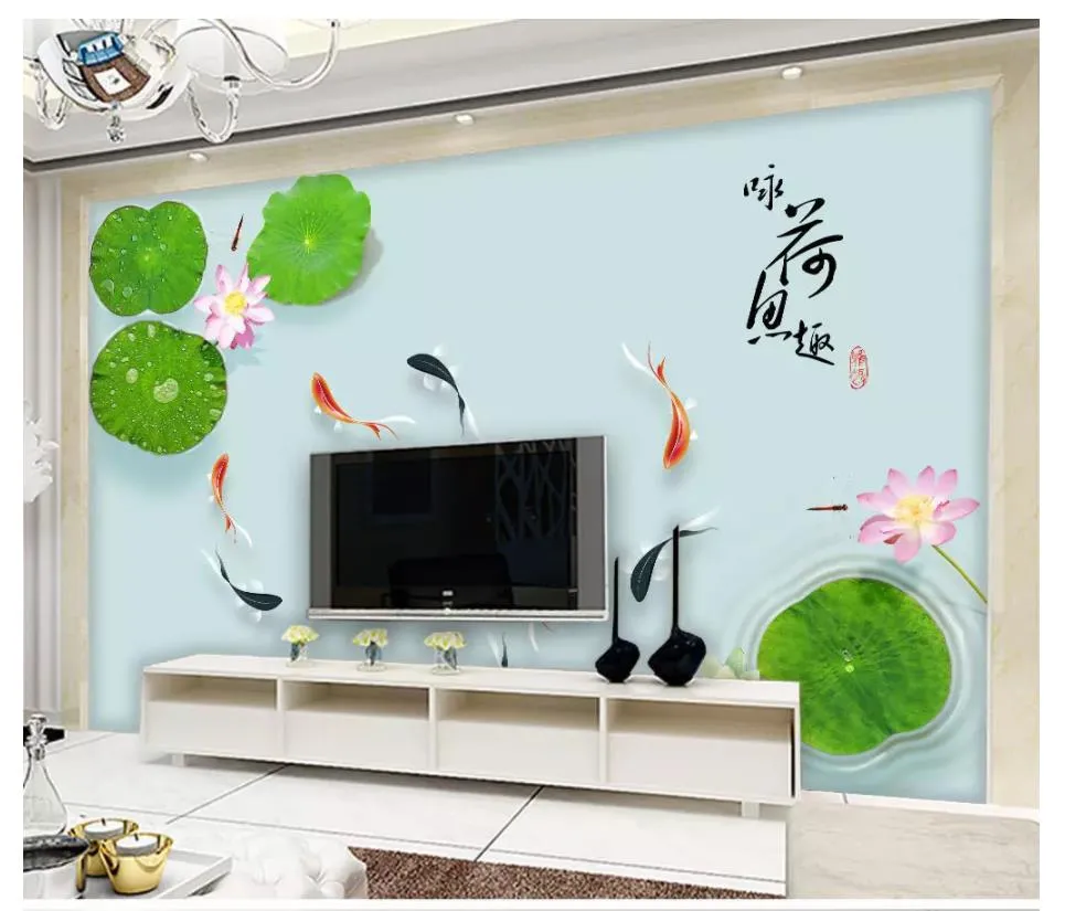 Partihandel-3D Photo Wallpaper Custom 3D Wall Murals Wallpaper Modern Minimalist Lotus Pond Fish TV Bakgrund Bakgrund för väggar 3D-dekor