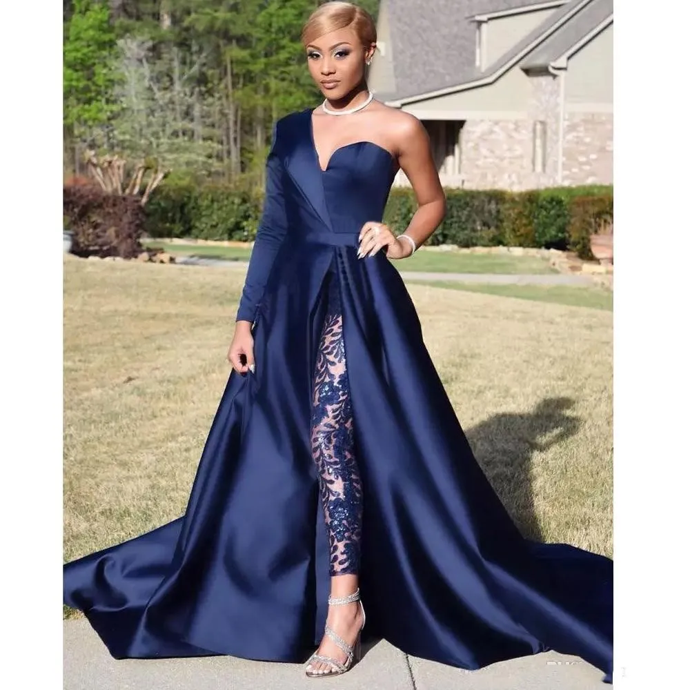 One Shoulder Long Sleeve Prom Dresses Pant Suits A Line Graduation Dresses Dark Navy Split Evening Party Gowns Jumpsuit Celebrity Dresses