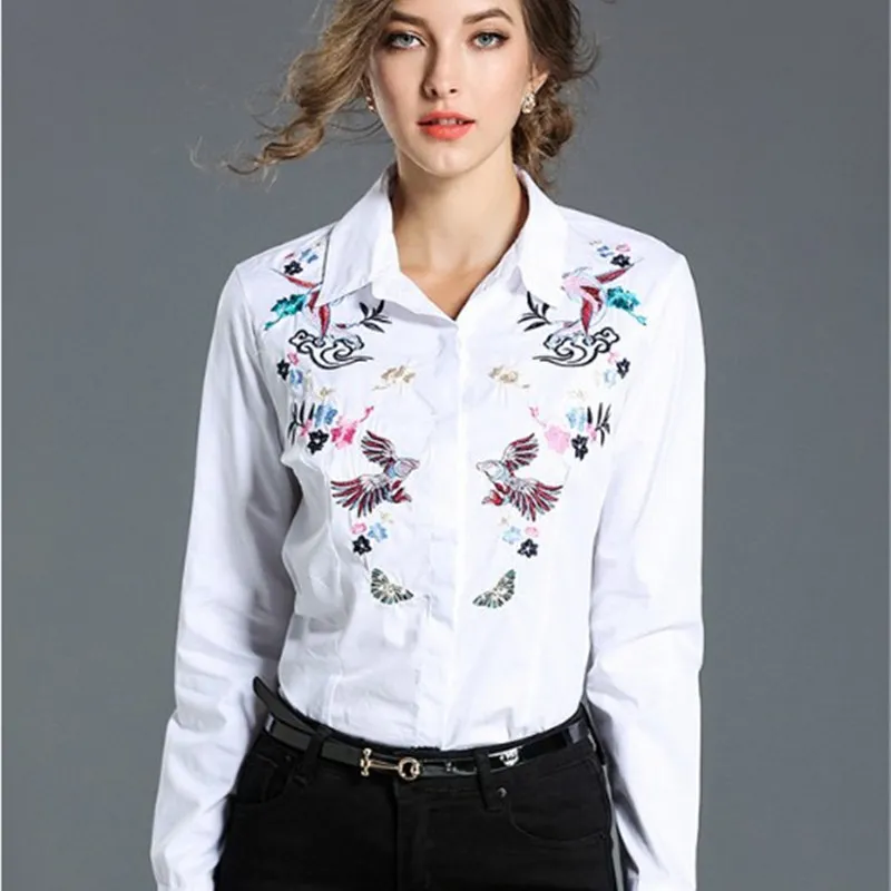 Chiffon Work Shirts Women Spring Formal OL Slim Blouse Tops Embroidery ...