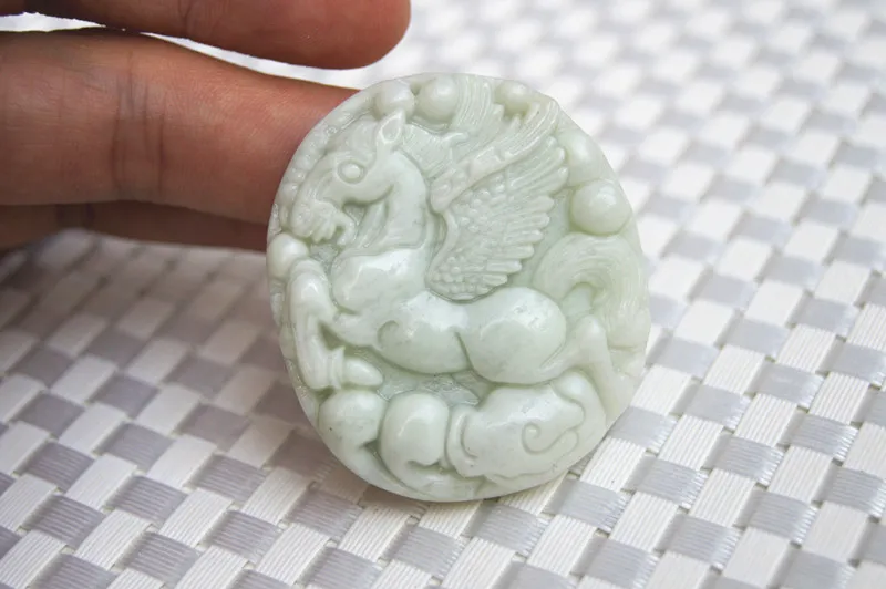 Beautiful natural shaanxi LAN tian light green jade, hand-carved fine tianma line. Talisman necklace pendant