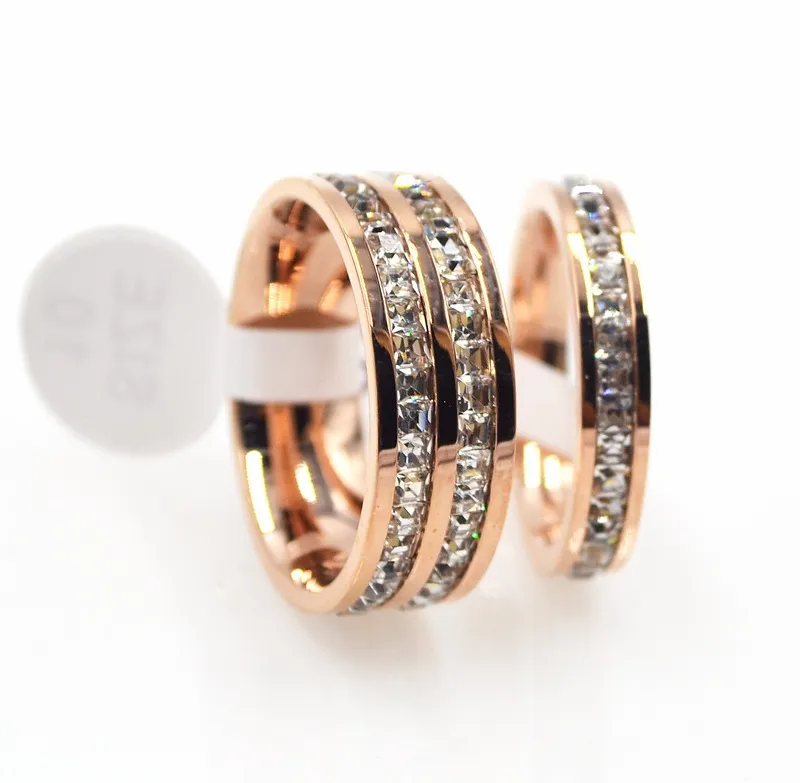 Art- und Weisesilber-Titanstahllicht-Diamant-Ring, Titanstahlschmuck-Paar-Diamant-Diamant-Ring-weiblicher doppelter Reihen-Rosen-Goldring
