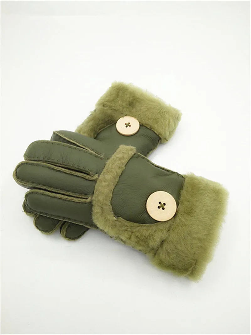 送料無料 - 女性の毛皮のファッションレザー手袋純粋な革の品質の若者のウール手袋暖かい