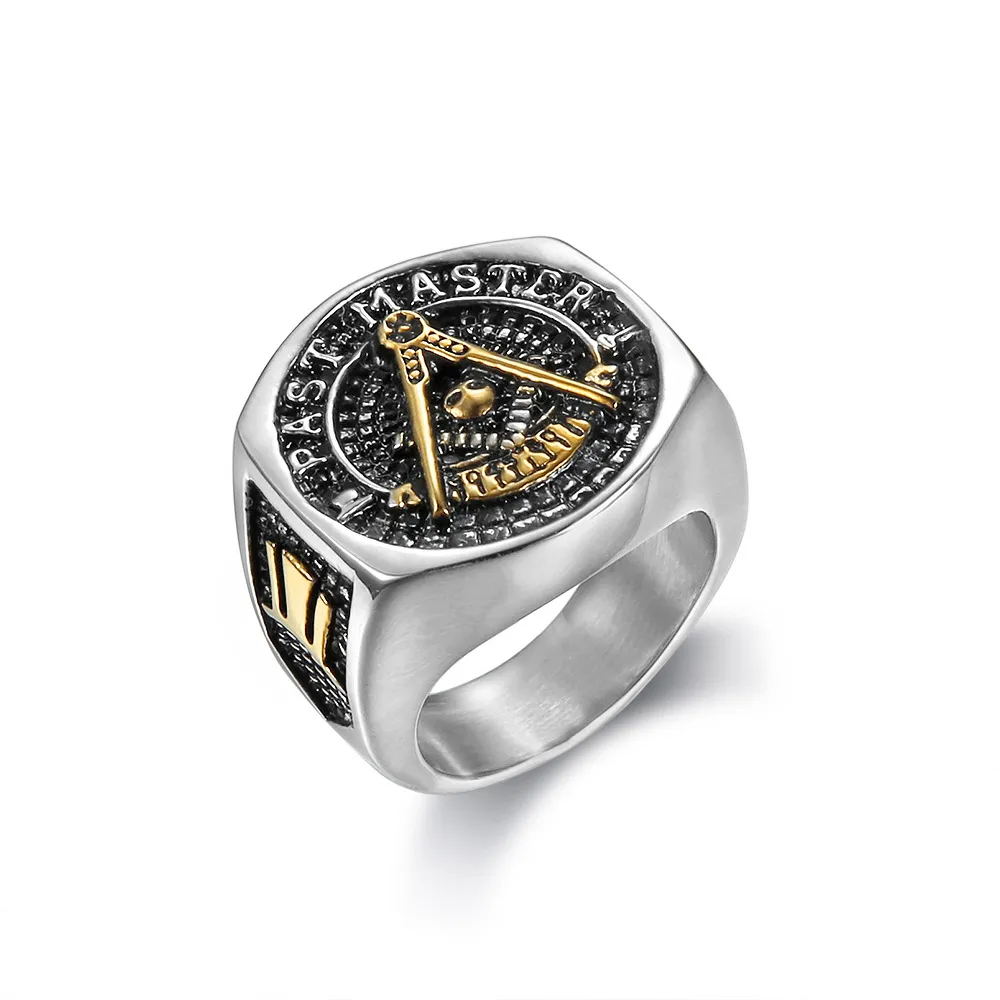 Gold Past Master Freemason Ring / Masonic Ring - Gold Plated and Steel  Color Top - with Masonic Symbols - Mason Zone