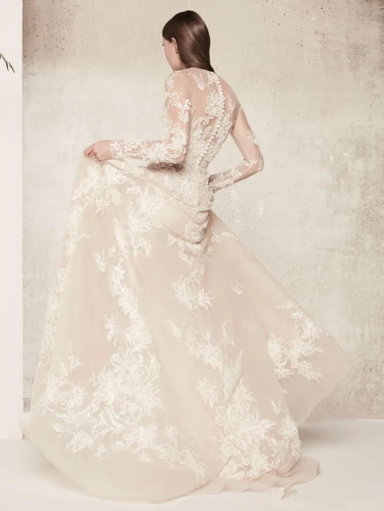 Elie Saab Lace floral Wedding Dress 2018 Illusion Long Sleeves Vestido De Novia Jewel Neck Summer Beach Bridal Gowns Custom Made