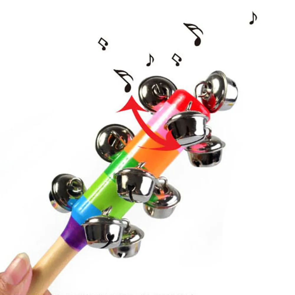 1 Stück Holzstab 10 Jingle Bells Regenbogen Hand schütteln Bell Rasseln Baby Kinder Kinder pädagogisches Spielzeug - zufällige Lieferung