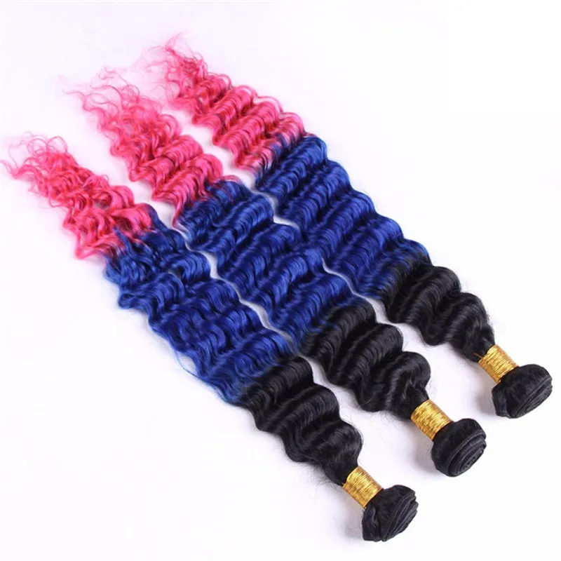 Brazilian Three Tone Ombre Human Hair Weaves Extensions Deep Wave #1B Blue Pink Ombre Virgin Human Hair Bundles Deals Double Wefts