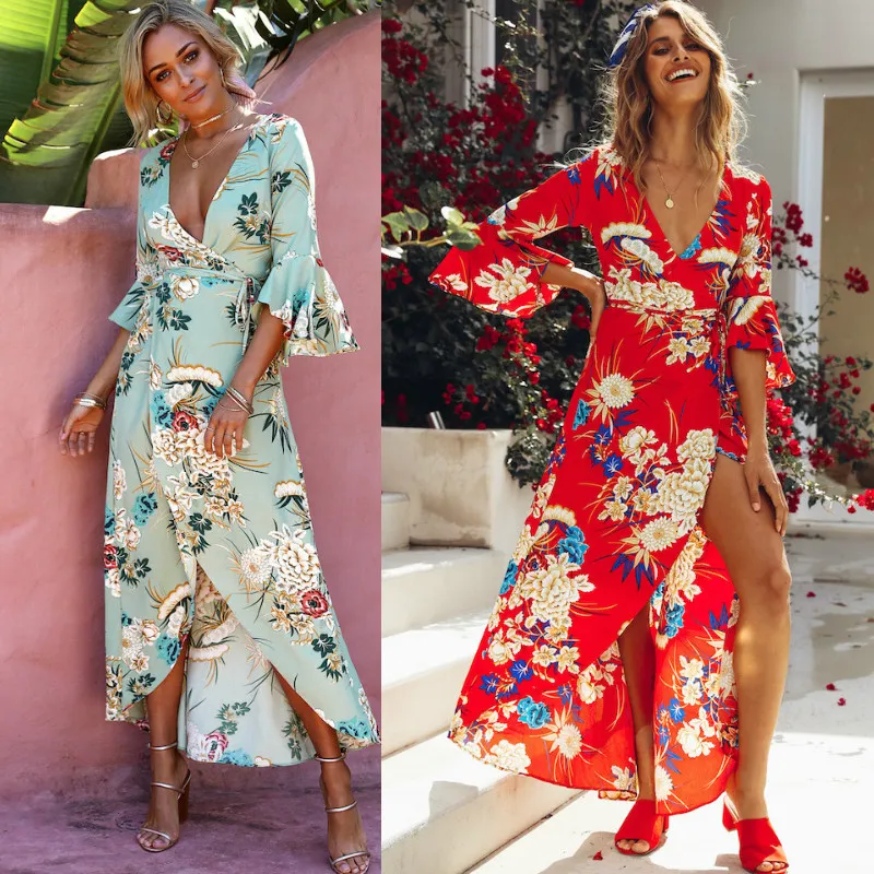 Sexig Deep V Neck Backless Sommarklänning Kvinnor Blommigryck Bohemian Maxi Dress Hollow Out Oregelbundna Lång Klänning Vestidos Kvinnor Vintage Klänningar