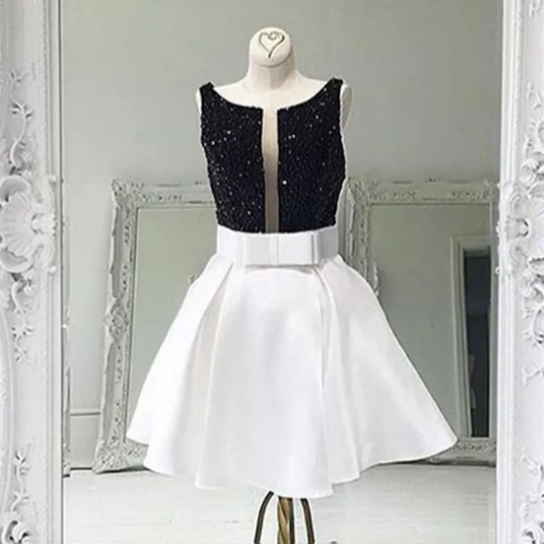 Black And White Prom Dress | Short A Line Satin Beaded Bodice Cocktail Dress  For Homecoming 2024 From Lovemydress, $68.45 | DHgate.Com