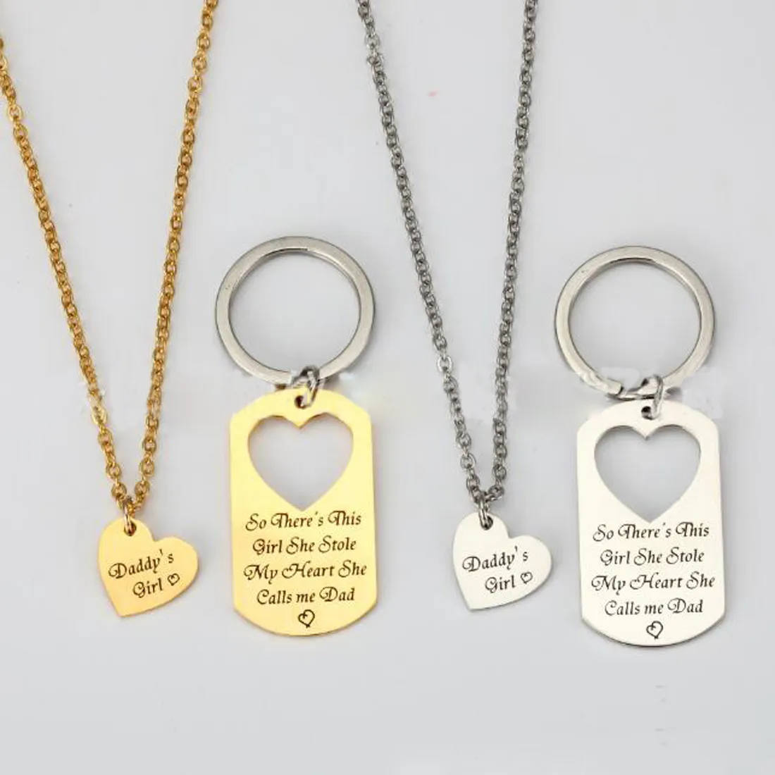 stainless Square Silver gold Gift for Daughter,There's This Girl Who Stole My Heart She Calls Me Daddy Keychain Father's Day Jewelry Set