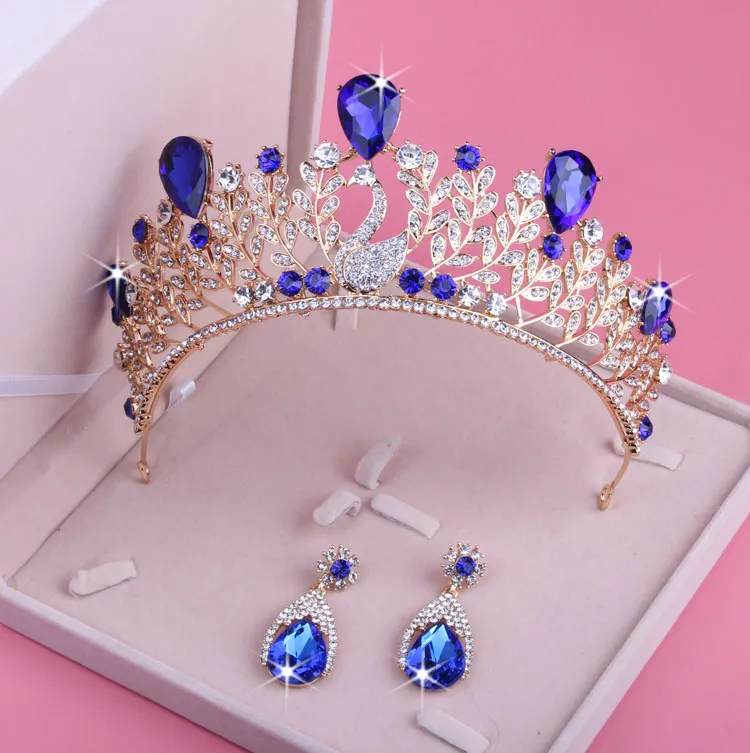 Orecchini da collana di cristallo romantico di diamanti con cigno blu una collana a corona Orecchini da sposa Accessori da sposa set hearri55534794