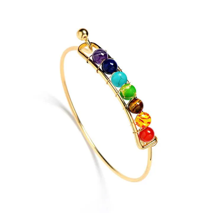 Neue Mode Naturstein Offene Armbänder 7 Reiki Chakra Healing Balance Perlen Armband Gold Versilbert Armreif Frauen Yogo Edlen Schmuck