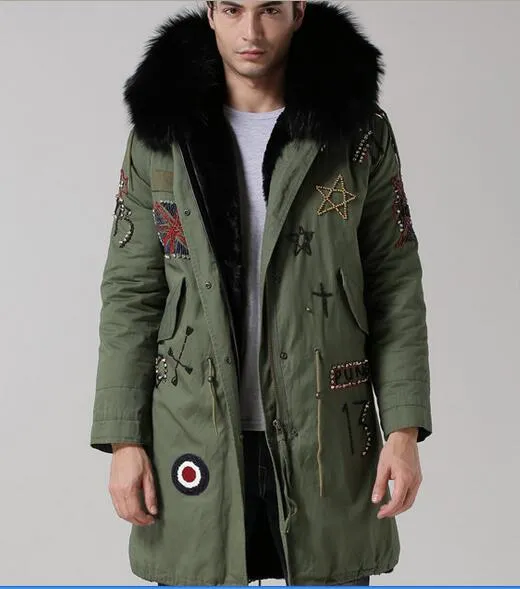 Mannen Bontjassen Zwarte Wasbeer Bont Trim Zwart Konijnenbont Voering Army Green Canvas Long UK Vlag Borduurwerk Parka's