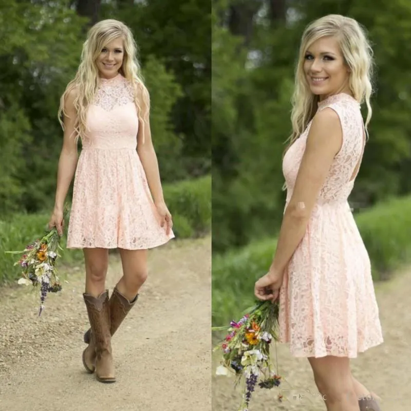 Robes de demoiselle d'honneur courtes en dentelle rose, robe de soirée de mariage de mariée junior, robes de demoiselle d'honneur de mariage de Style campagnard