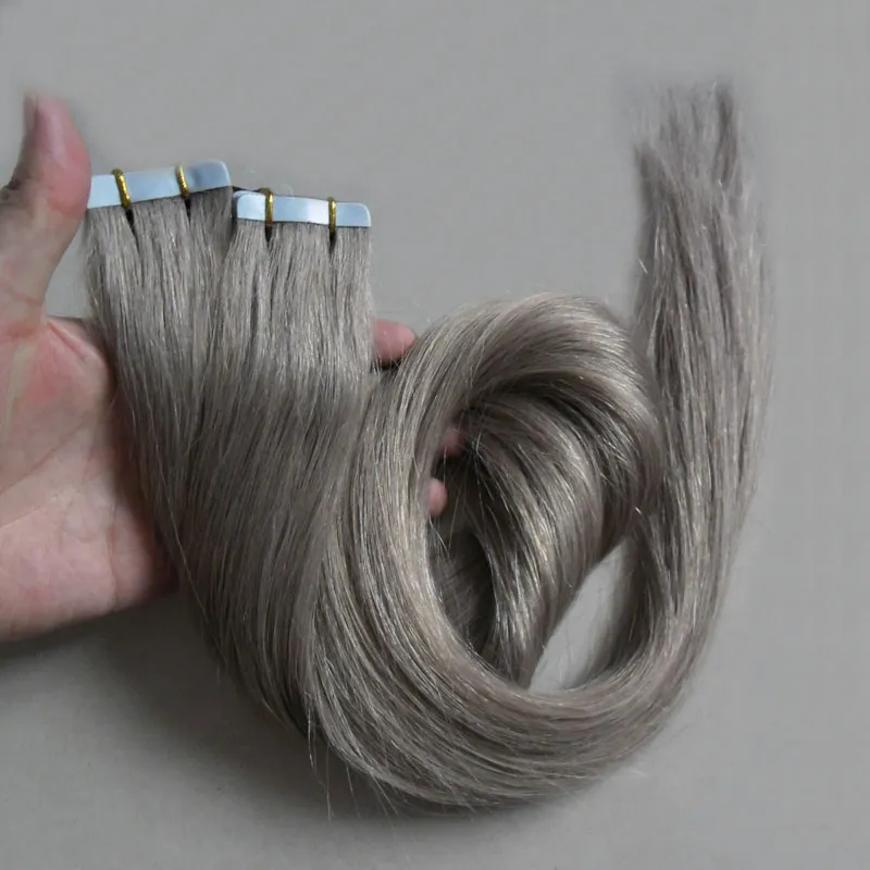 Silver Gray hair extensions tape in human hair extensions 12" 14" 16" 18" 20" 22" 24" 26" 100g 7a grey tape hair extensions