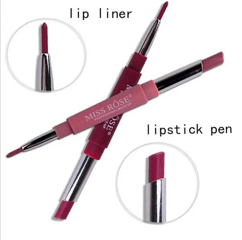 Miss Rose Marka Lip Stick Lip Liner Cosmetics Wateproof Podwójnie Zakończony Długotrwałe Długotrwałe Red Matte Lipstick Pen darmowa wysyłka
