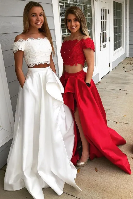 New Arrival Prom Dresses 2018 Off The Ramię Biała Czerwona Koronka Asymetryczna Satynowa Koronka Aplikacja Cekiny Tanie Formalna Pacjenta Dress