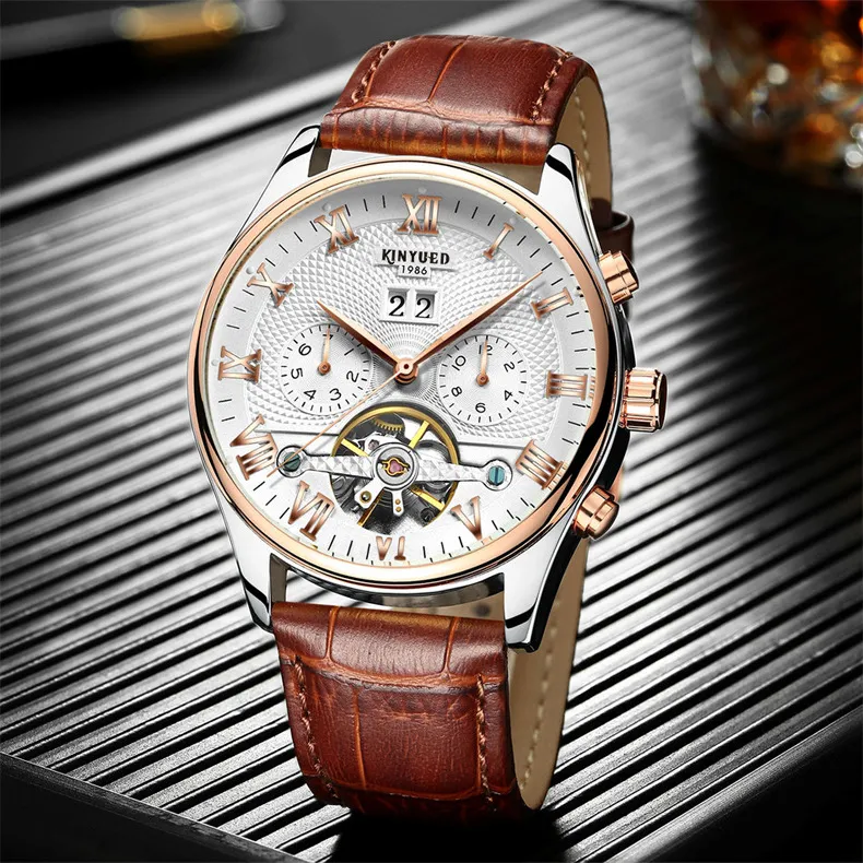 メンズ防水スイスの自動デー/月Tourbillon Mechanical Watch withギフトボックス中国のファッションゴールドウォッチ本革ベルト腕時計