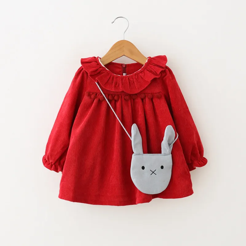 Baby Fashion Dress with Rabbit Torby Fuzz Kulki Bawełniane Flannelette Round Neck Z Długim Rękawem Sztoduroy Zagęszczanie Baby Girls Sukienki Outfit