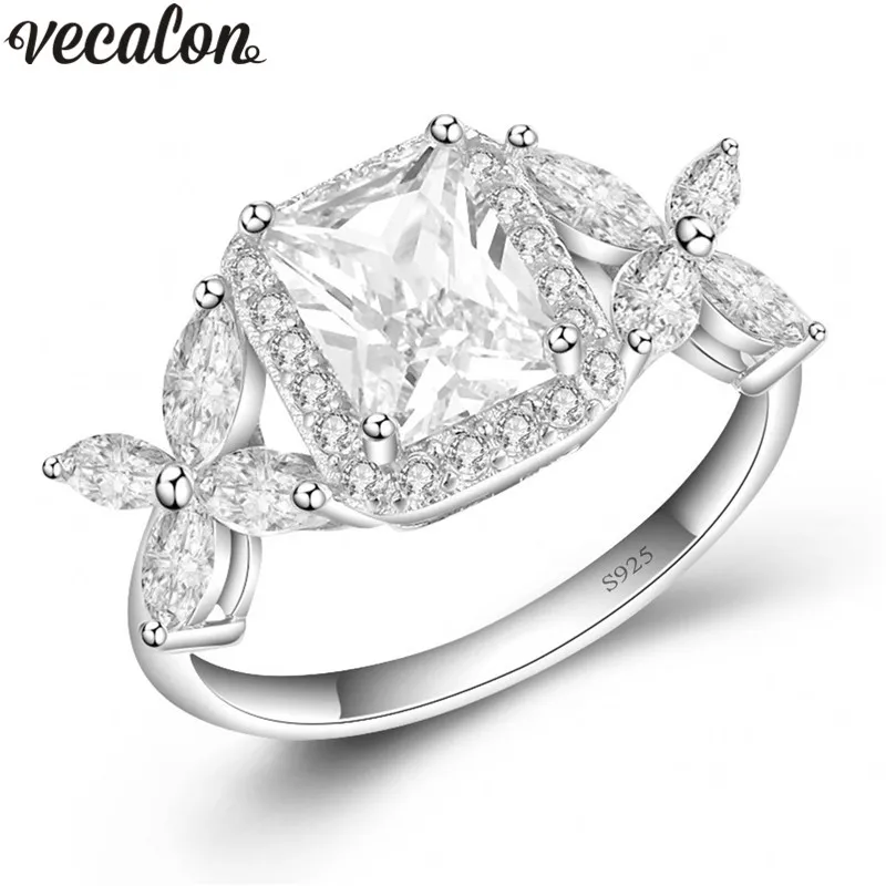 Vecalon Flower Style Lady 925 Sterling Silver Ring 5A Zircon CZ Engagement Bröllop Band Ringar för Women Bridal Smycken