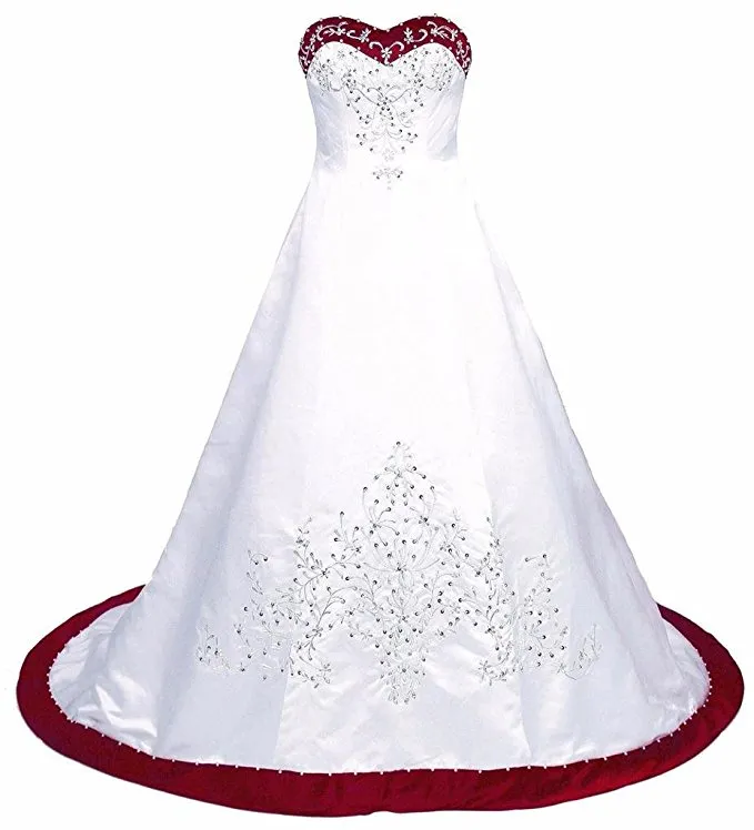 Elegante abito da sposa rosso e bianco con ricamo principessa in raso Una linea con lacci sul retro del treno di corte con paillettes con perline lungo matrimonio economico Go209M