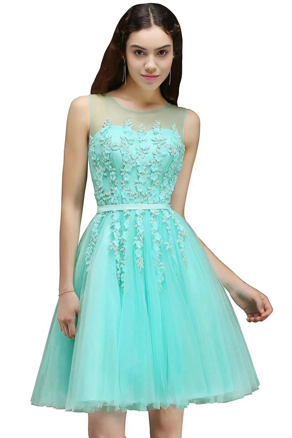 New Hot Mint Green Tulle Short Prom Homecoming Dresses Sheer Jewel Neck A Line Knee Length Cocktail Dresses With Lace-up Back HY207