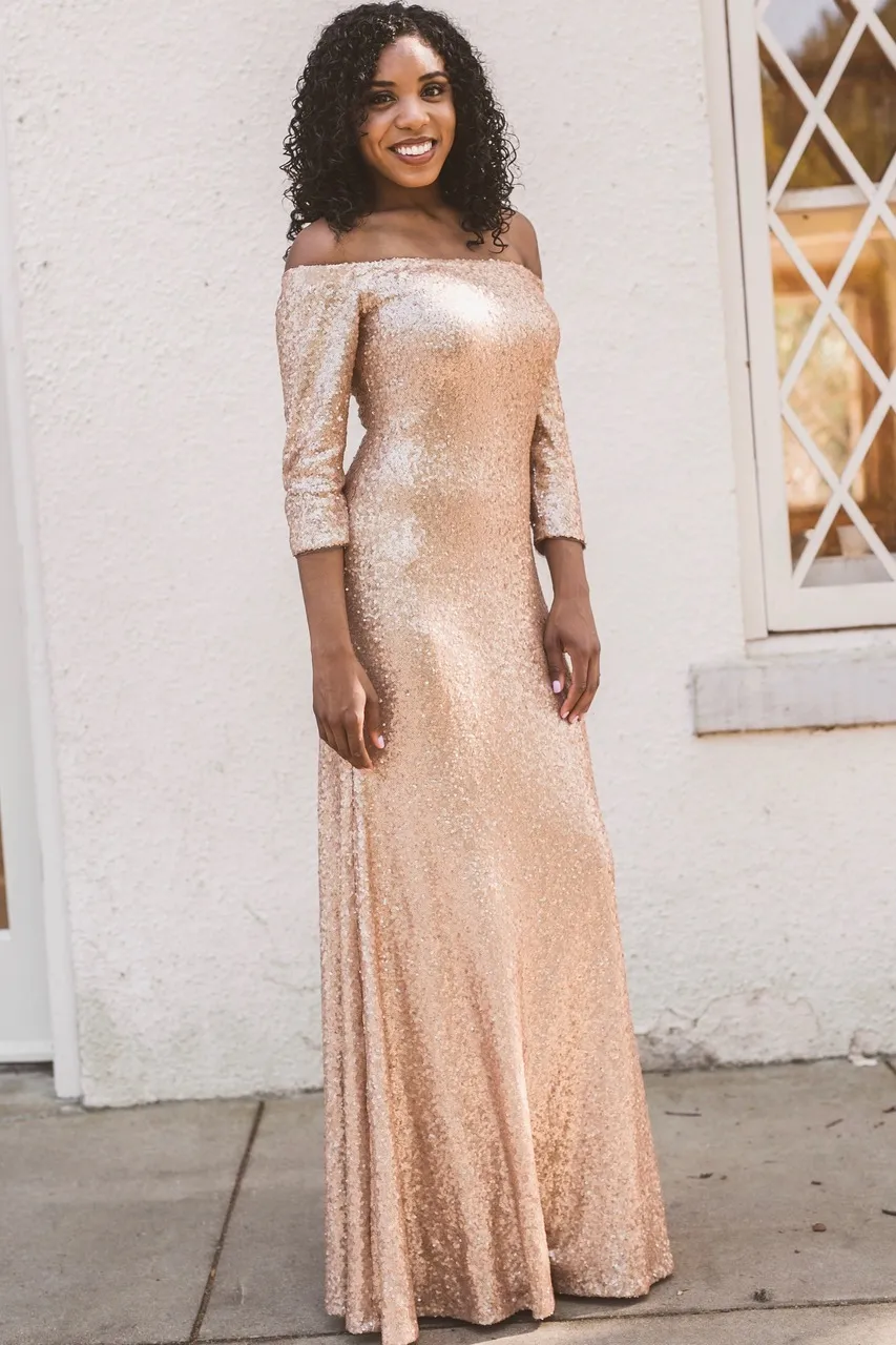 Sequins Bridesmaid Dresses 2018 Off The Shoulder 3 Quarter Sleeves Rose  Gold Sheath Bridal Party Dress Floor Length De 74,31 € | DHgate, image size:853x1280