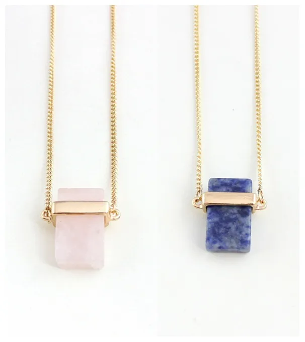 Mode Blue Pink Quartz Turkos halsband Rektangel Natursten Guldpläterad Tröja Långa halsband för kvinnor Smycken