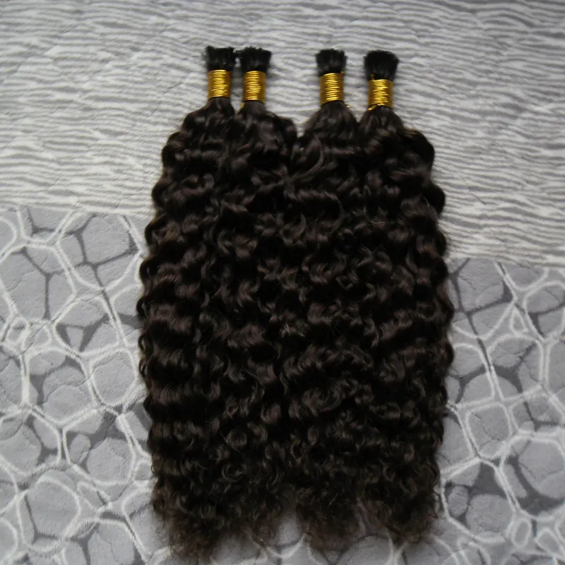 Unprocessed Brazilian Kinky Curly Virgin Hair I Tip Hair Extension 200g/strands Prebonded Human Hair Extensions #2 Darkest Brown