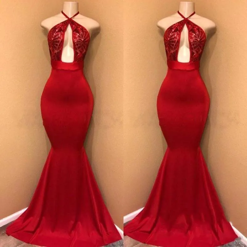 Real Photo Sexy Halter Backless Mermaid Prom Dresses Abito da festa di laurea con paillettes rosso Abiti da ballo formale Abito da tappeto rosso su misura